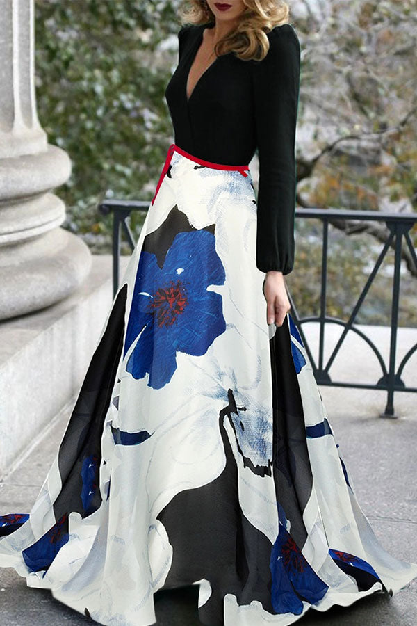 Print Patchwork V-neck Long Dress