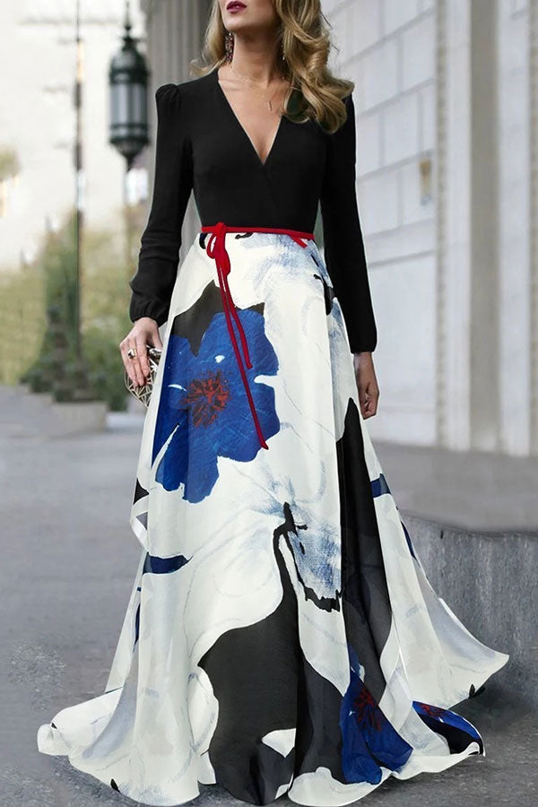 Print Patchwork V-neck Long Dress - Mislish