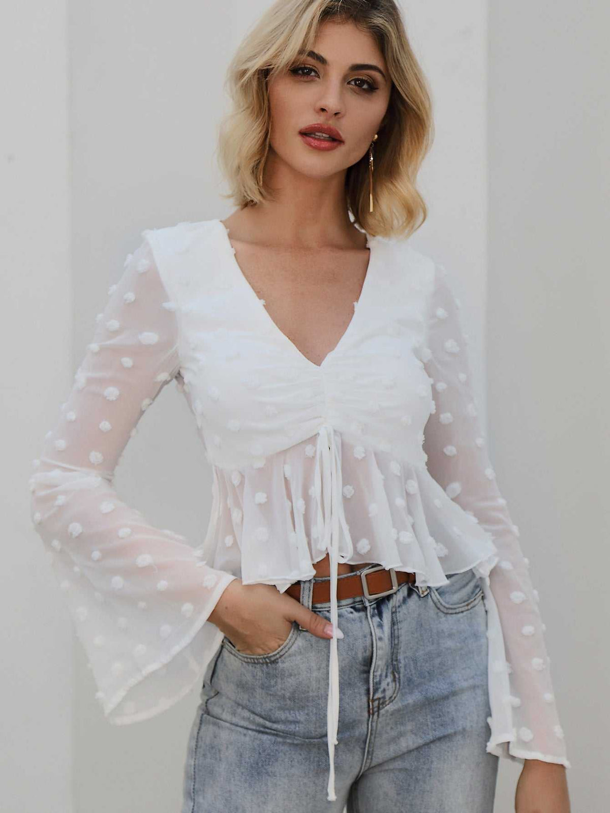 KittenAlarm - Flounce Sleeve Drawstring bust Swiss Dot Ruched Ruffled Crop Top blouse