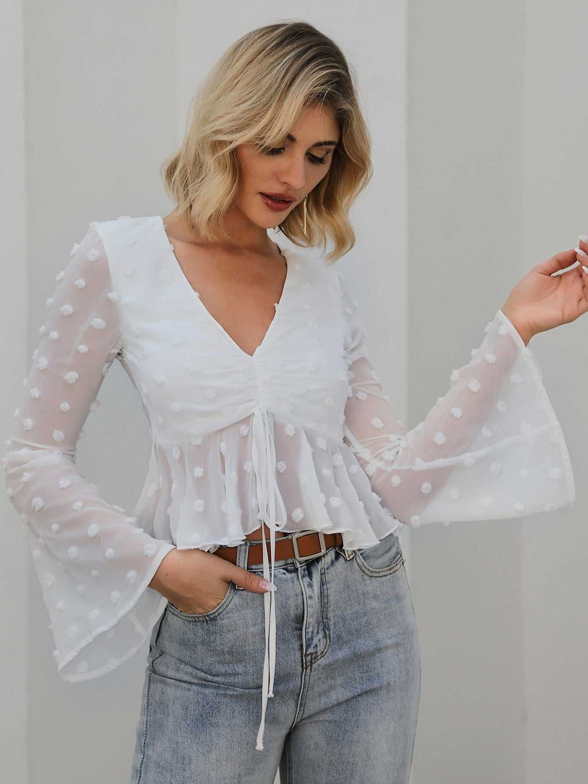 KittenAlarm - Flounce Sleeve Drawstring bust Swiss Dot Ruched Ruffled Crop Top blouse