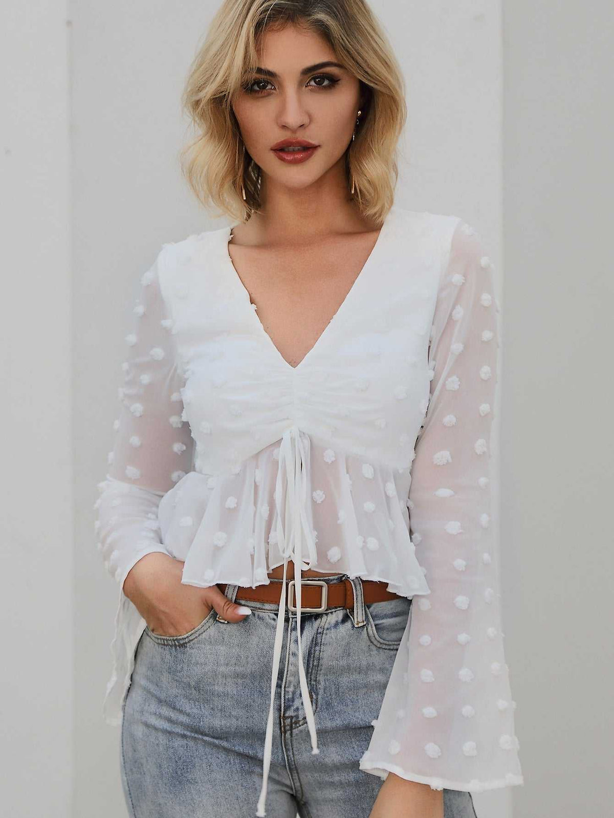 KittenAlarm - Flounce Sleeve Drawstring bust Swiss Dot Ruched Ruffled Crop Top blouse