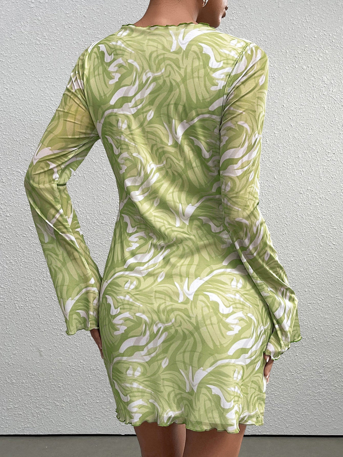 Abstract Print Mesh Boat Neck Long Sleeve Bodycon Mini Dress - View 2