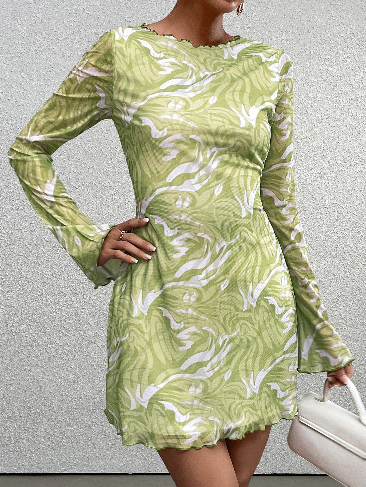 Abstract Print Mesh Boat Neck Long Sleeve Bodycon Mini Dress - View 3