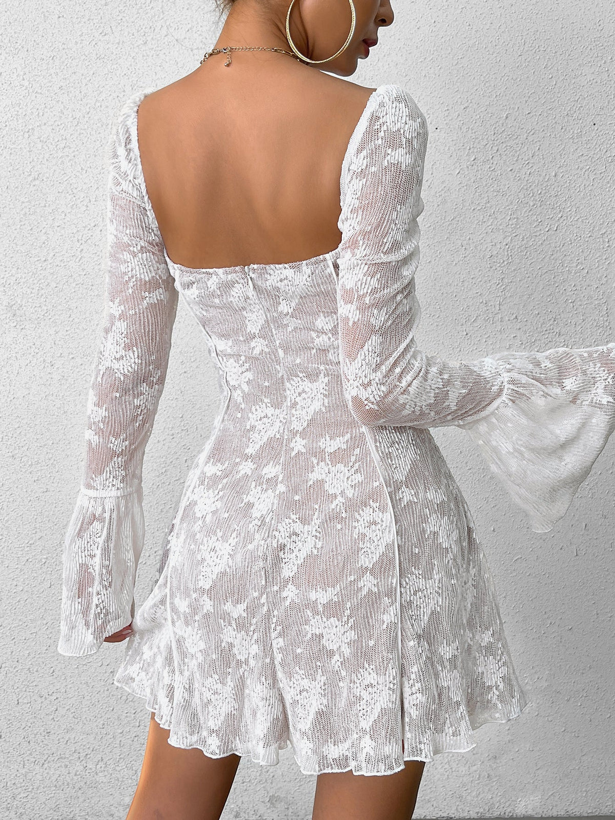 Square Neck Tie Front Bell Sleeve Pleated Lace Mini Dress - View 2