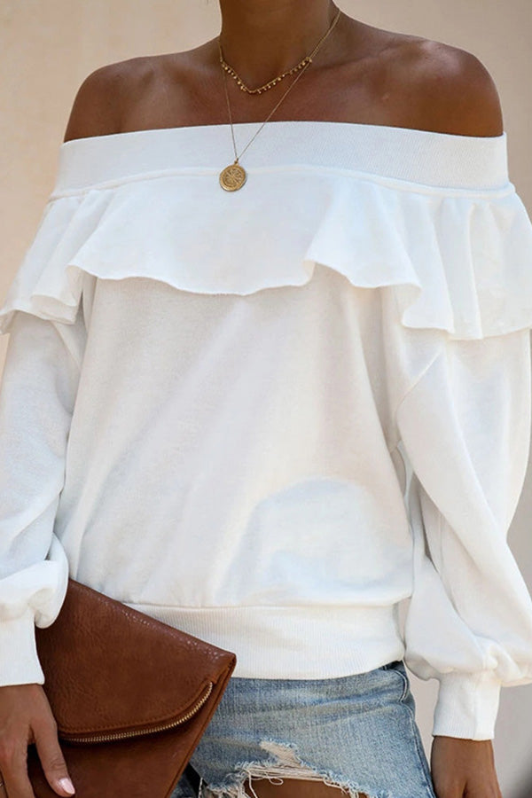White Flounce Off Shoulder Sweatshirt - Fashionpara