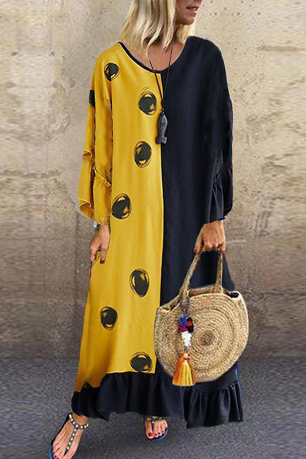 Color Block Printed Ruffle Maxi Dress - Mislish