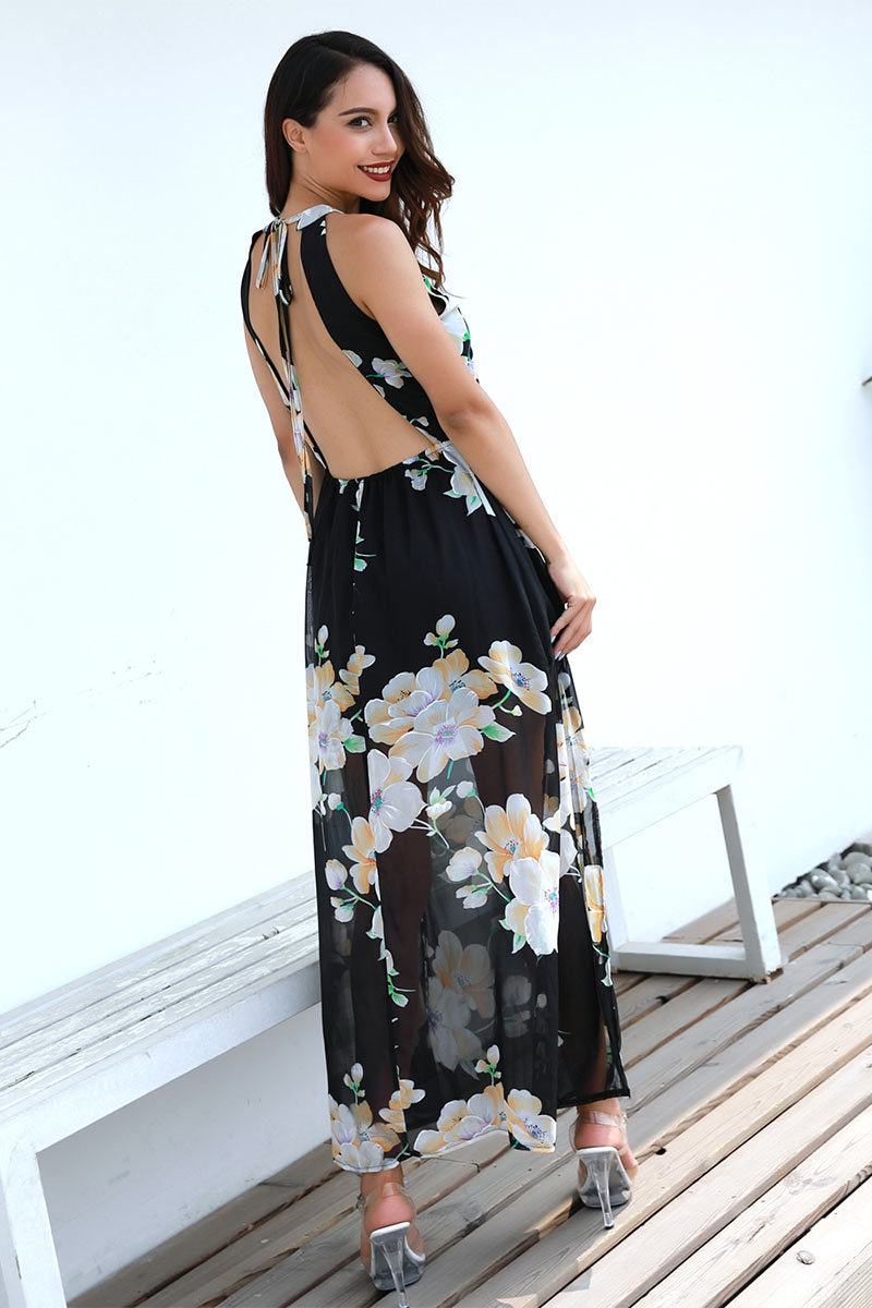 Flower Print Halter Backless Slit Chiffon Dress