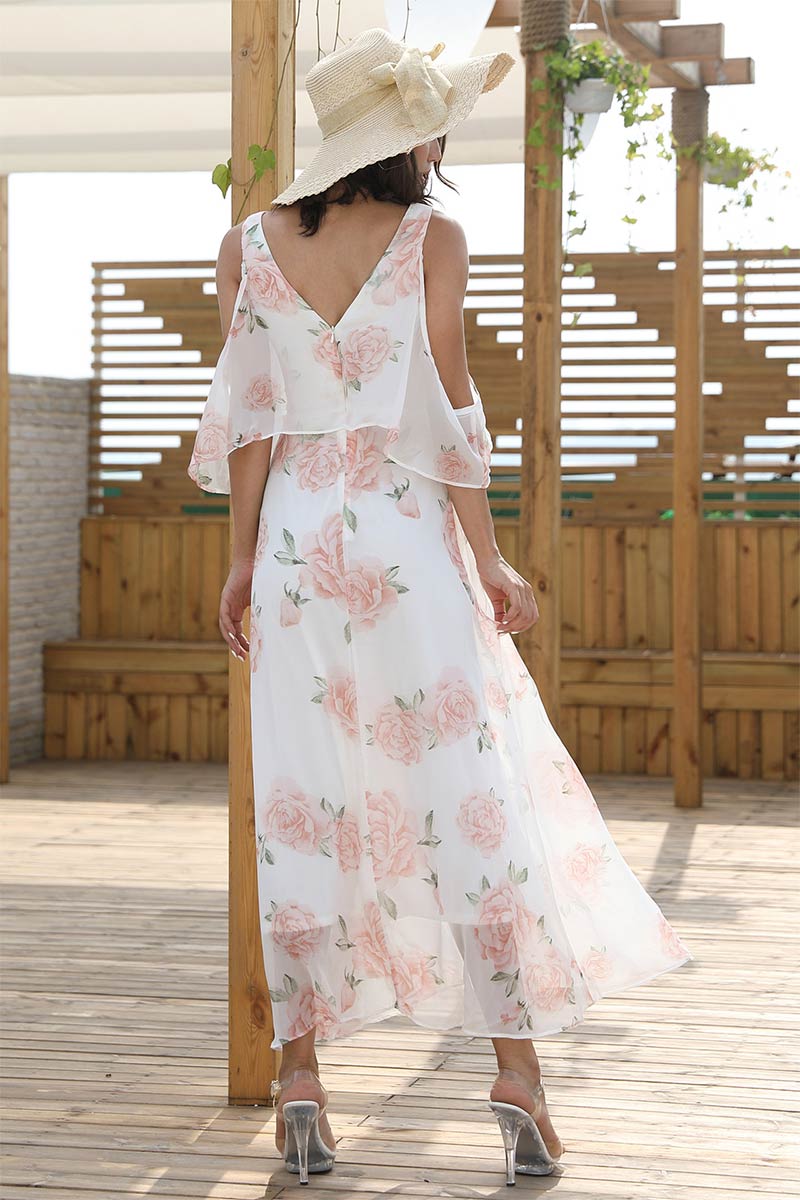 Flower Print V-neck Pleated Chiffon Dress
