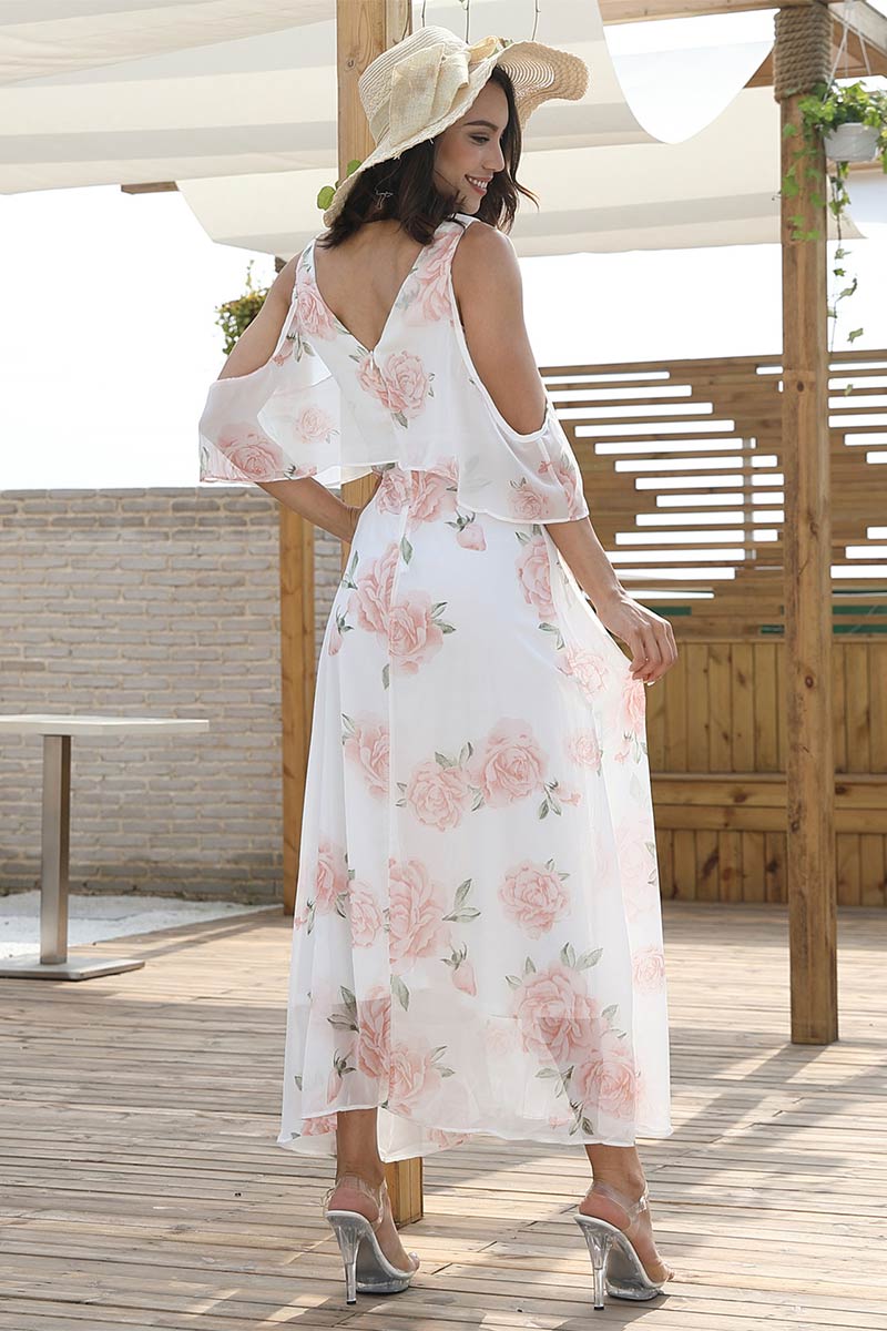 Flower Print V-neck Pleated Chiffon Dress