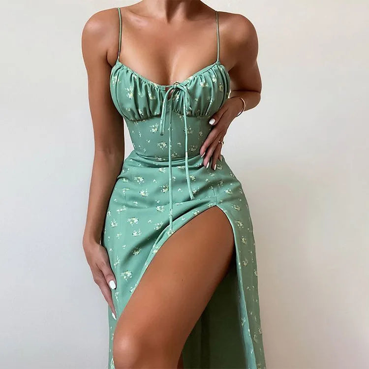 Sexy Spaghetti Strap Slit Floral Beach Party Dress