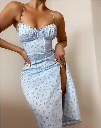 Sexy Spaghetti Strap Slit Floral Beach Party Dress