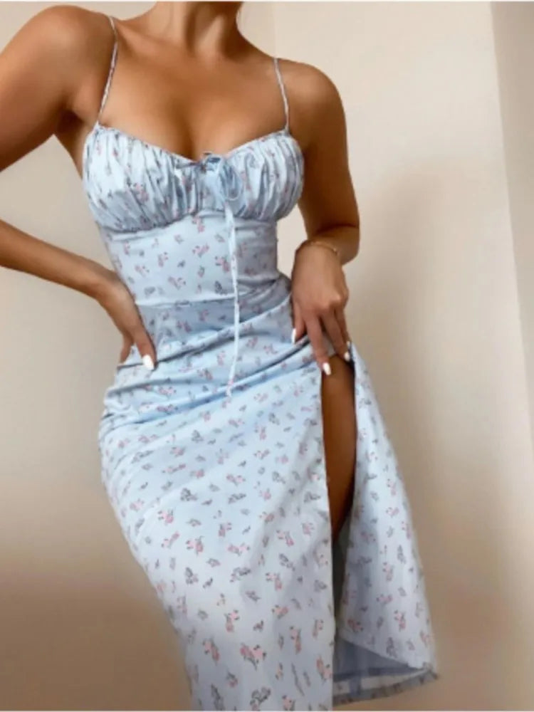 Sexy Spaghetti Strap Slit Floral Beach Party Dress