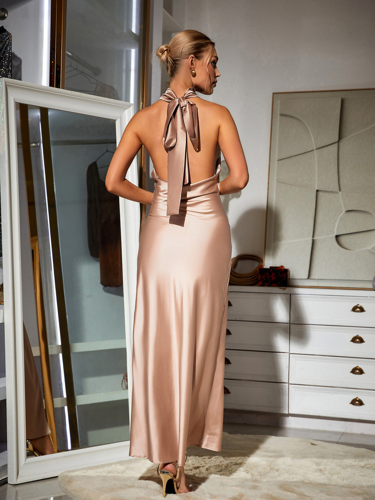 Satin Halterneck Tie-Back Backless Maxi Dress 5