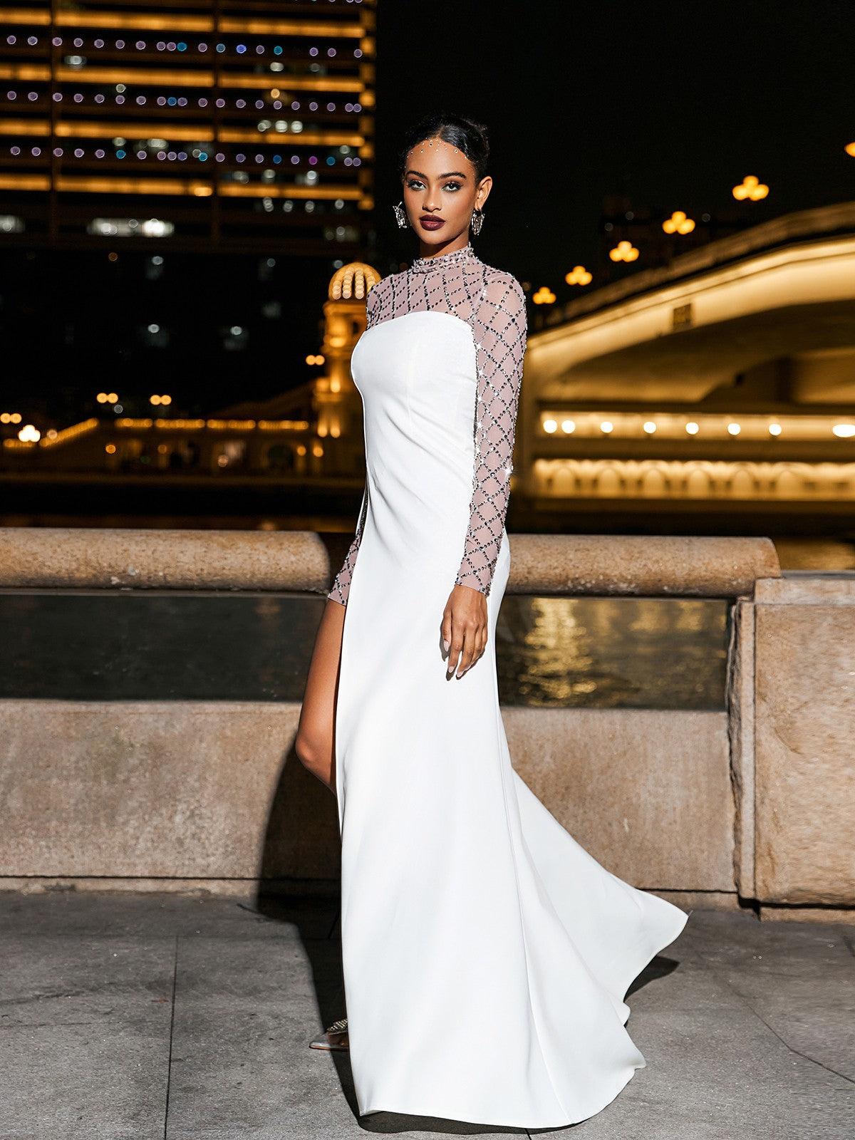 Rhinestone Mesh Mock Neck Long Sleeve Strapless Maxi Dress - View 4