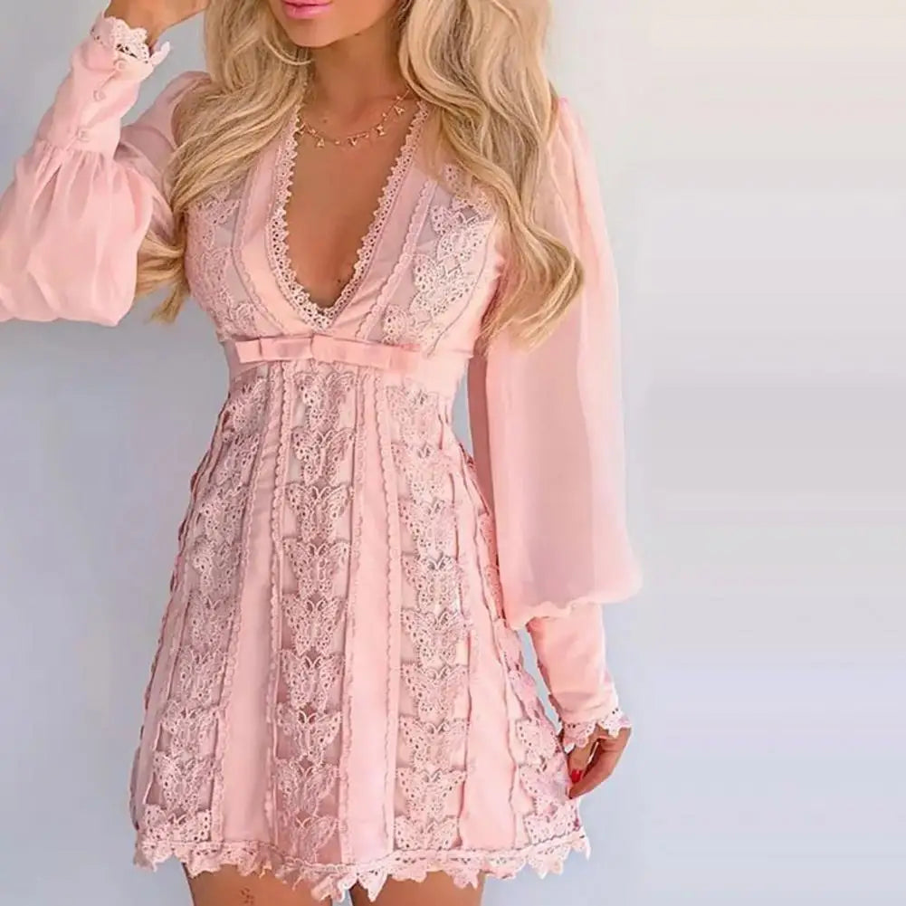 Butterfly Lace Deep V-Neck Lantern Sleeve Empire Waist Mini Dress