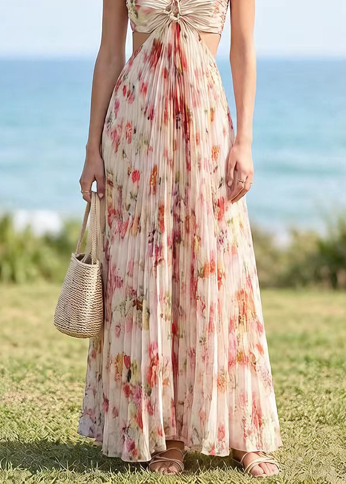 French Backless Print Halter Lace Up Chiffon Dress Summer - View 4