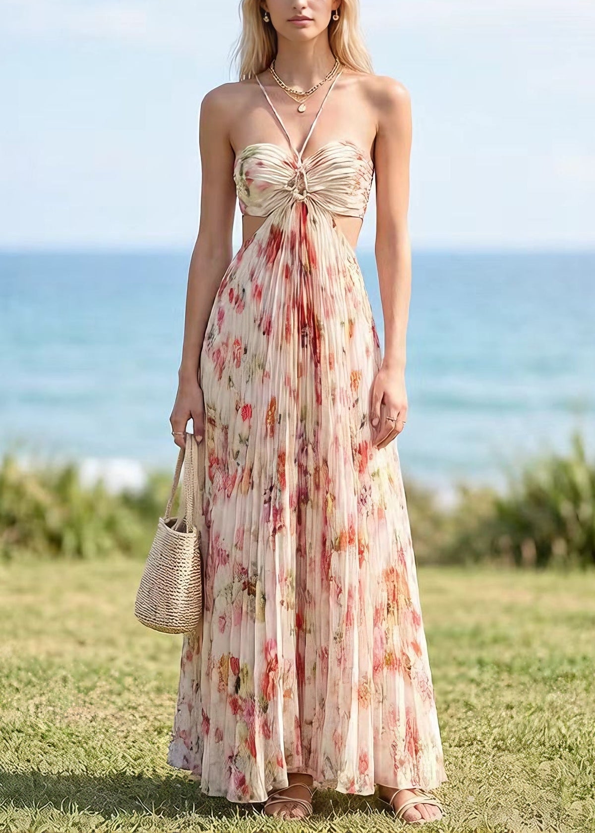 French Backless Print Halter Lace Up Chiffon Dress Summer - View 5