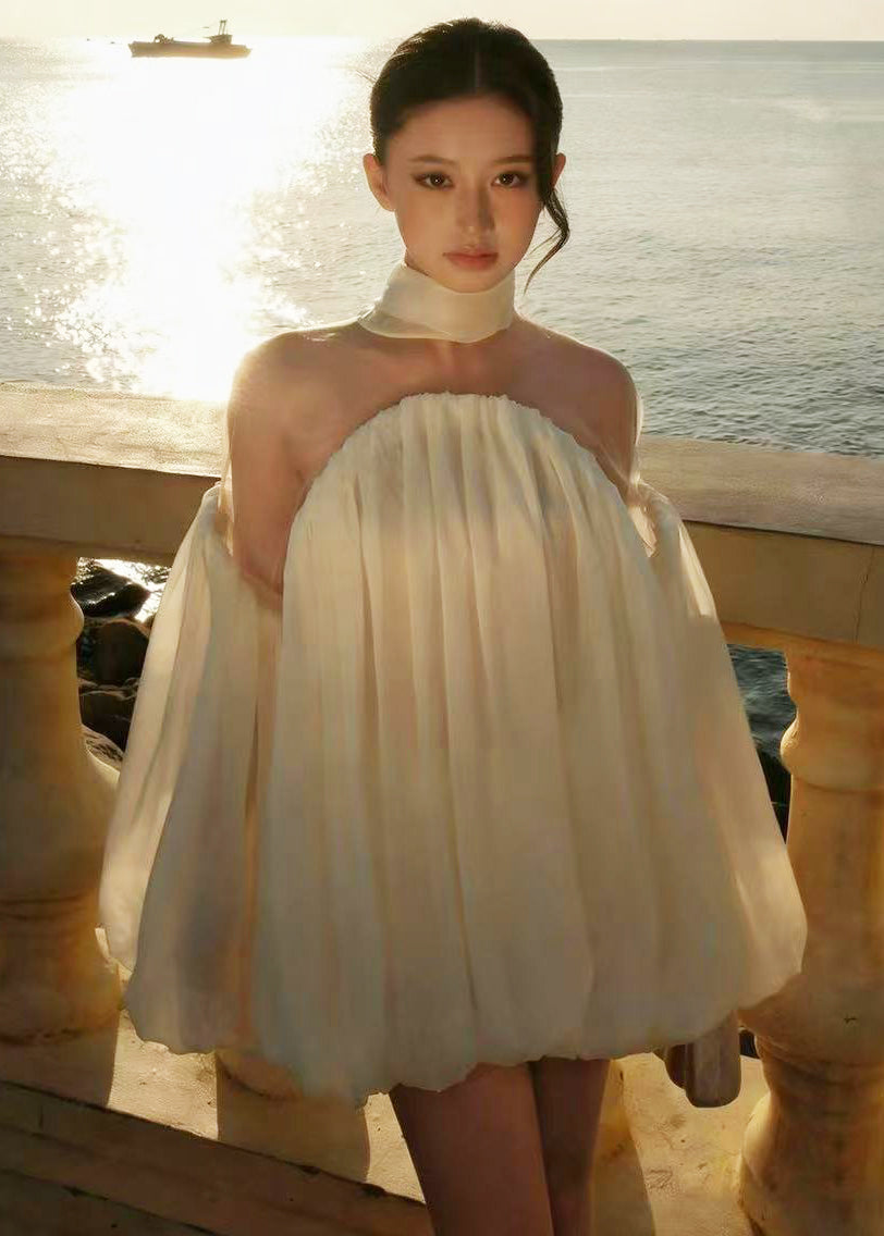 French Beige Cold Shoulder Patchwork Tulle Mini Dresses Lantern Sleeve