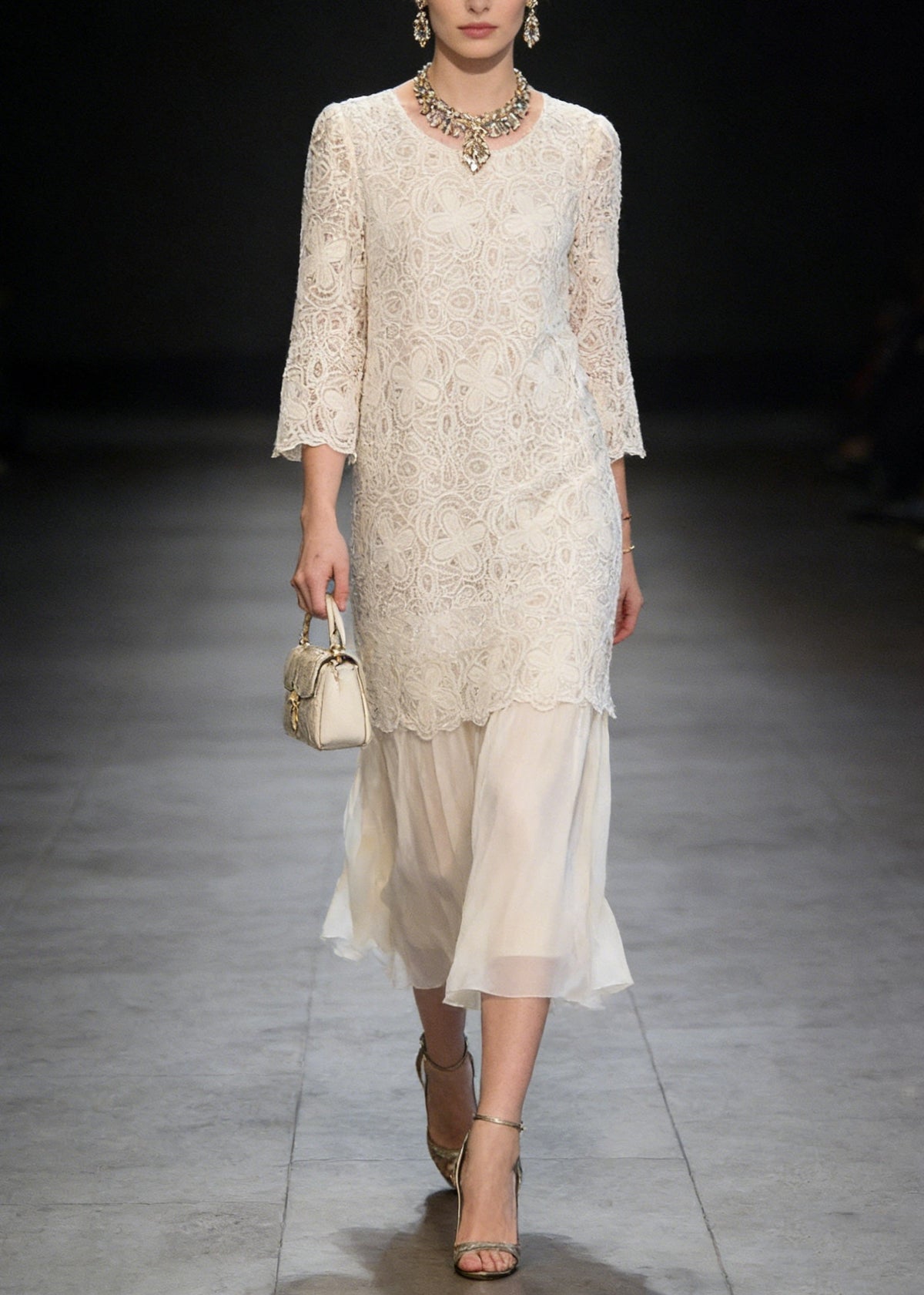Lace Round Neck 3/4 Sleeve Layered Scalloped Overlay Midi Dress
