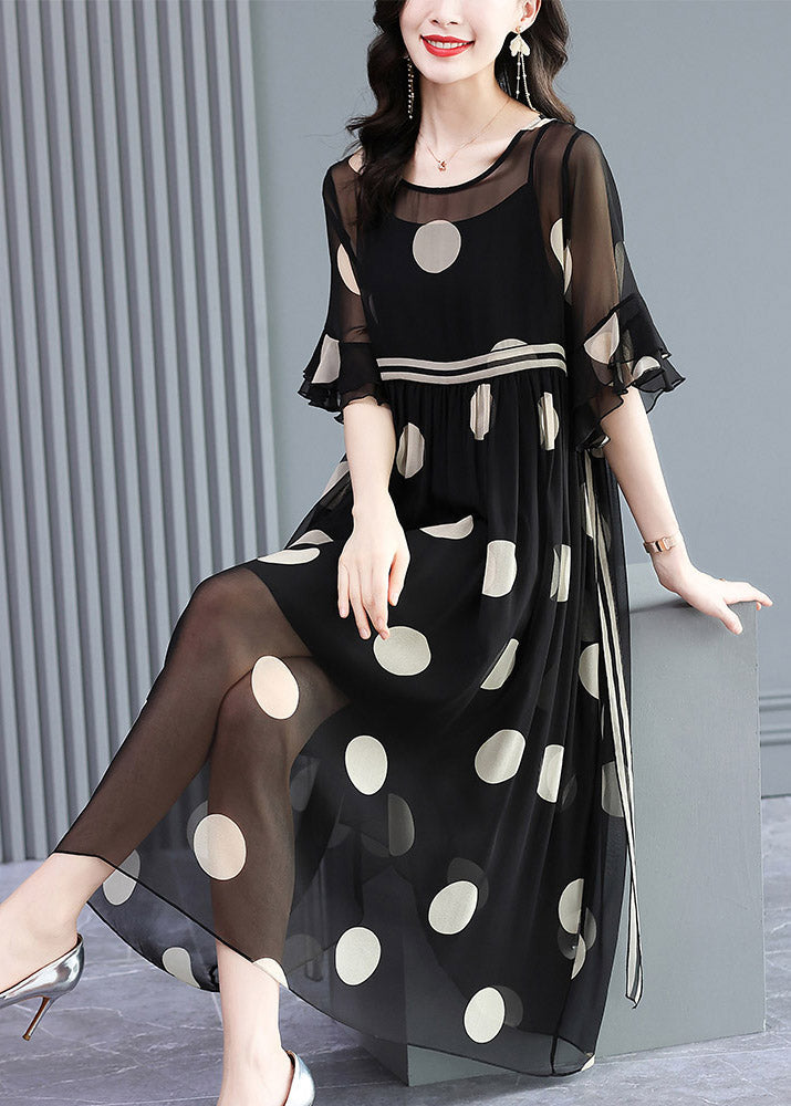 Polka Dot Chiffon Round Neck Sheer Yoke Double Ruffle Midi Dress - View 2