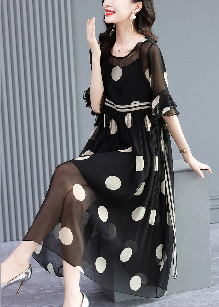 Polka Dot Chiffon Round Neck Sheer Yoke Double Ruffle Midi Dress - View 3