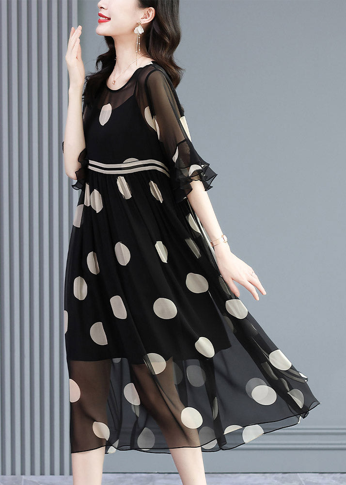 Polka Dot Chiffon Round Neck Sheer Yoke Double Ruffle Midi Dress - View 4