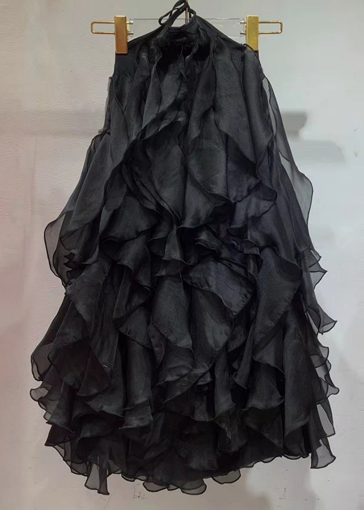 French Black Ruffled Solid Chiffon Mini Dress Sleeveless - View 5