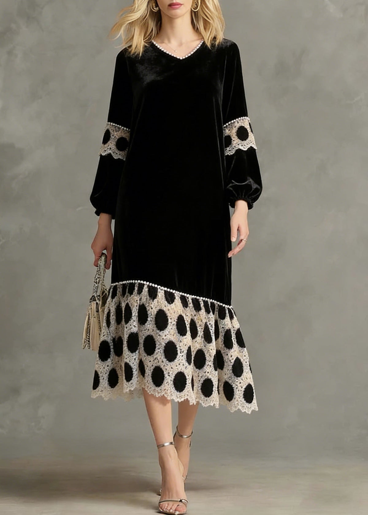 Velvet V-Neck Bishop Sleeve Polka Dot Lace Trim Midi Dress
