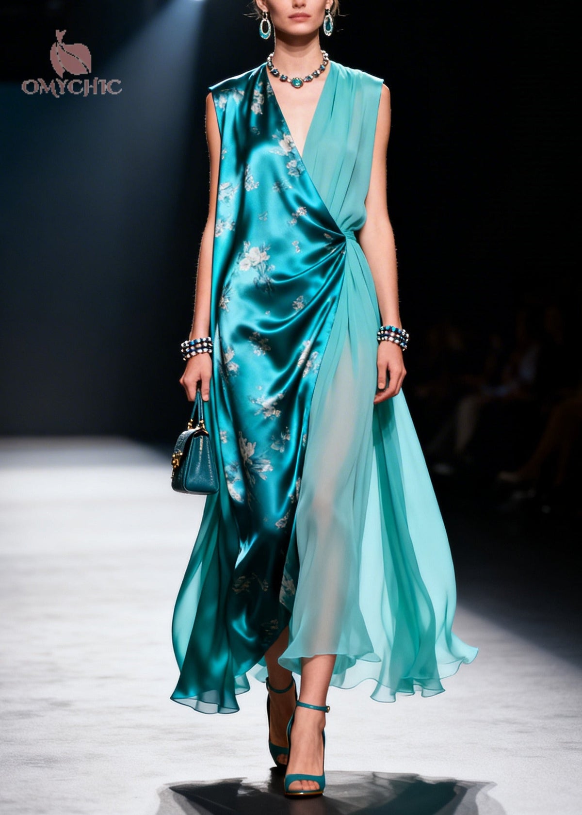 Faux Two-Piece Floral Print Deep V-Neck Asymmetric Wrap Maxi Gown