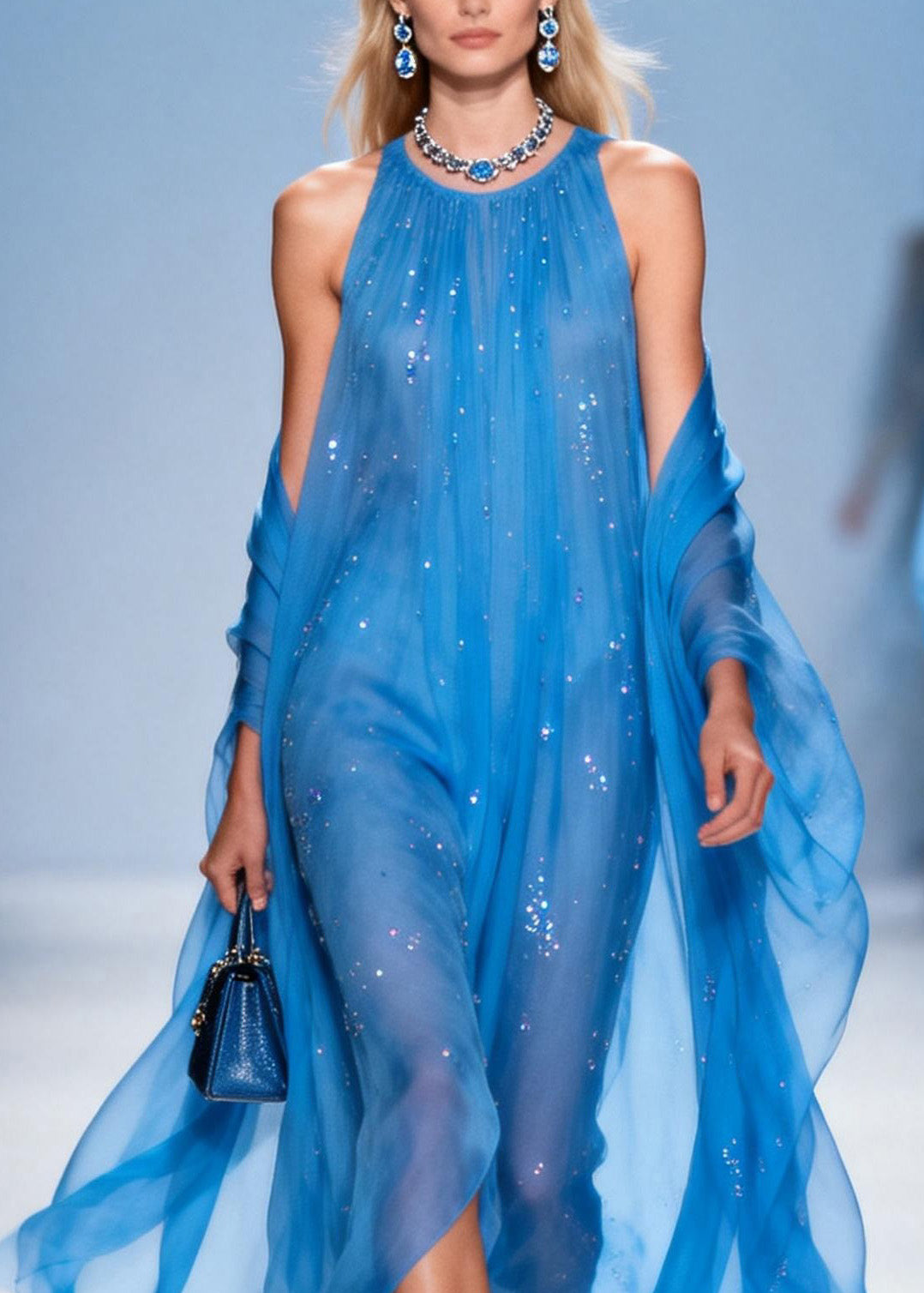 Sequin Scatter Halter Neck Sheer Chiffon Maxi Gown With Wrap - View 2