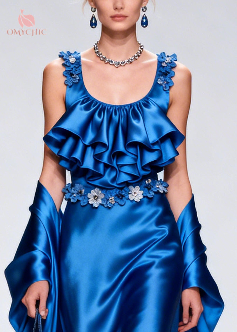 Tiered Ruffle Floral Appliqué Scoop Neck High Split Satin Set - View 2