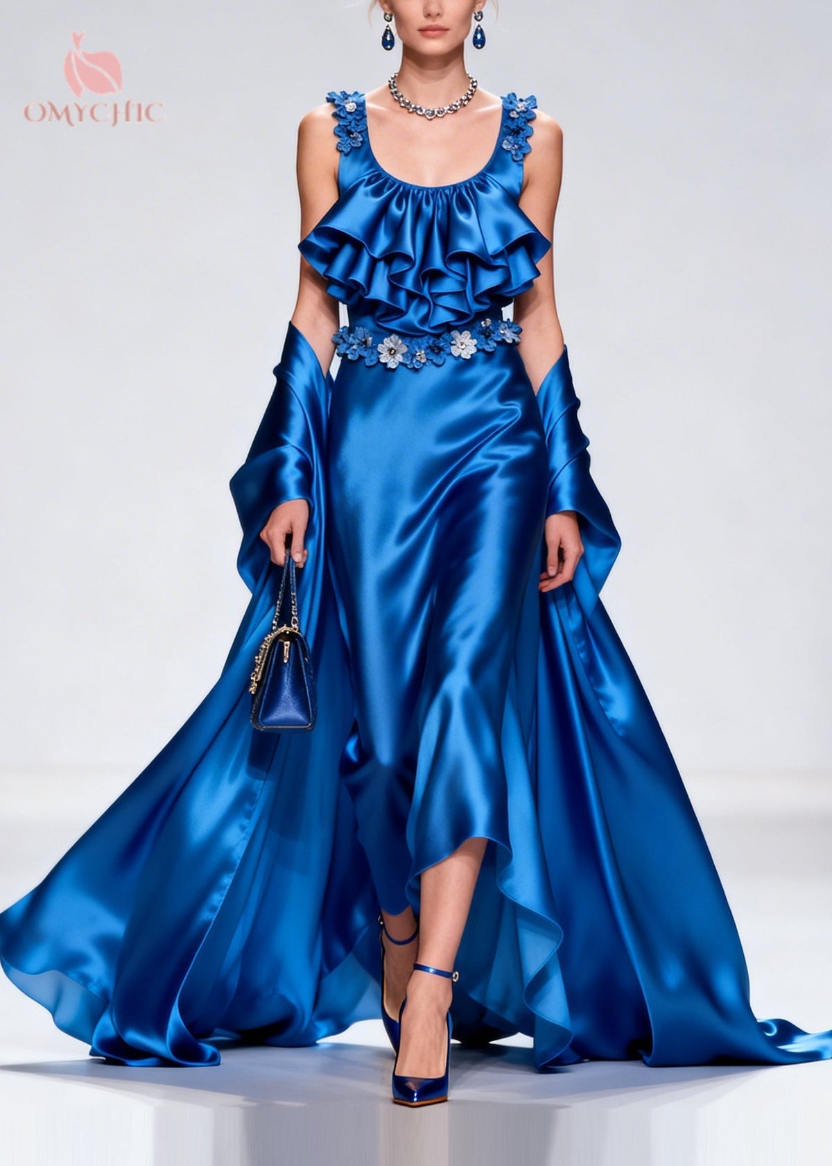 Tiered Ruffle Floral Appliqué Scoop Neck High Split Satin Set - View 5