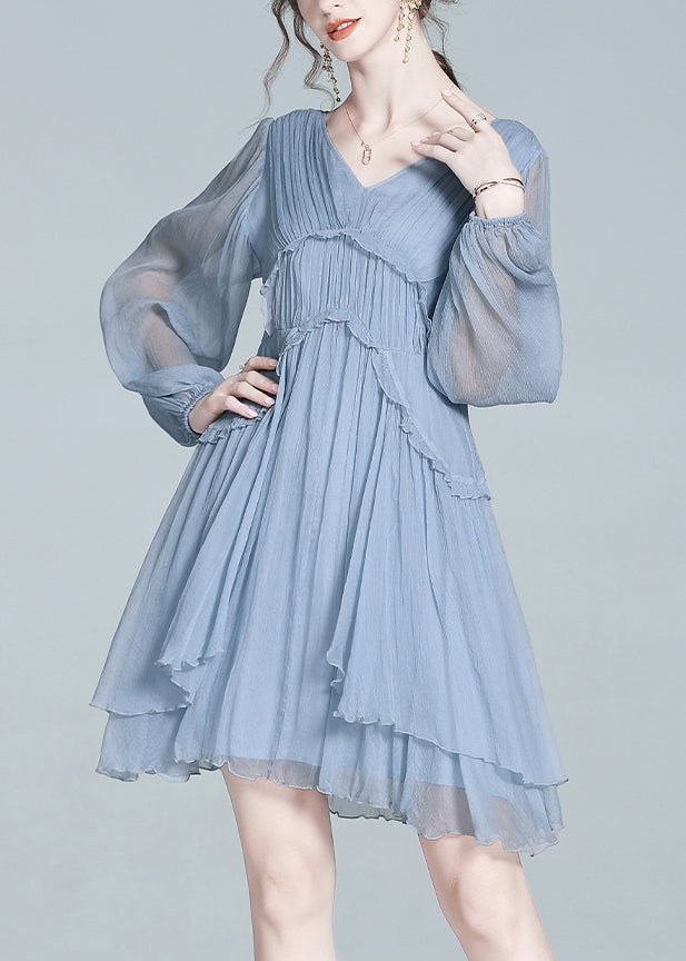 V-Neck Bishop Sleeve Tiered Ruffle Pleated Chiffon Mini Dress - View 2