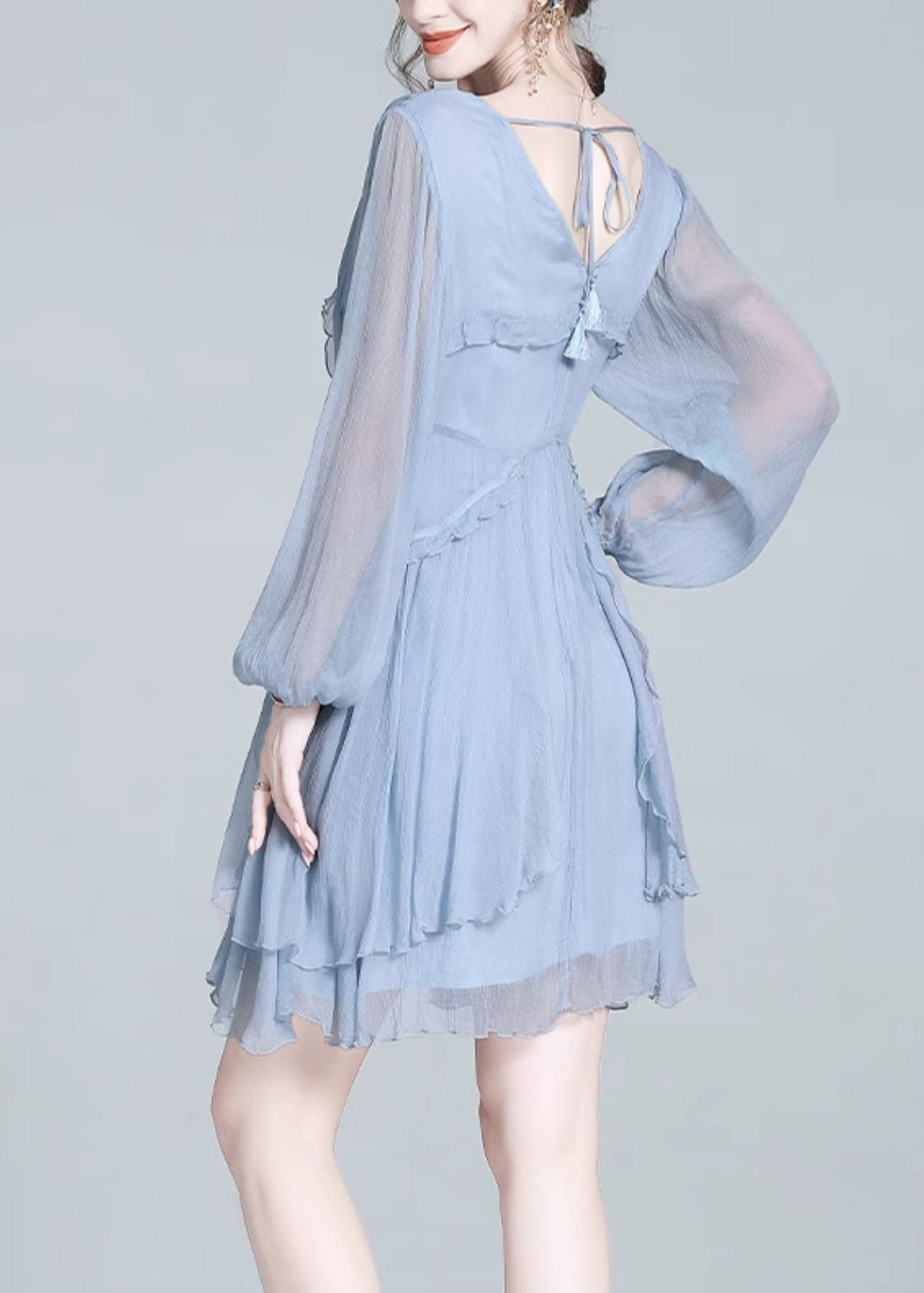 V-Neck Bishop Sleeve Tiered Ruffle Pleated Chiffon Mini Dress - View 5