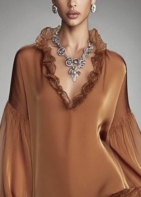 Satin Deep V-Neck Ruffle Collar Balloon Sleeve Tiered Mini Dress - View 2