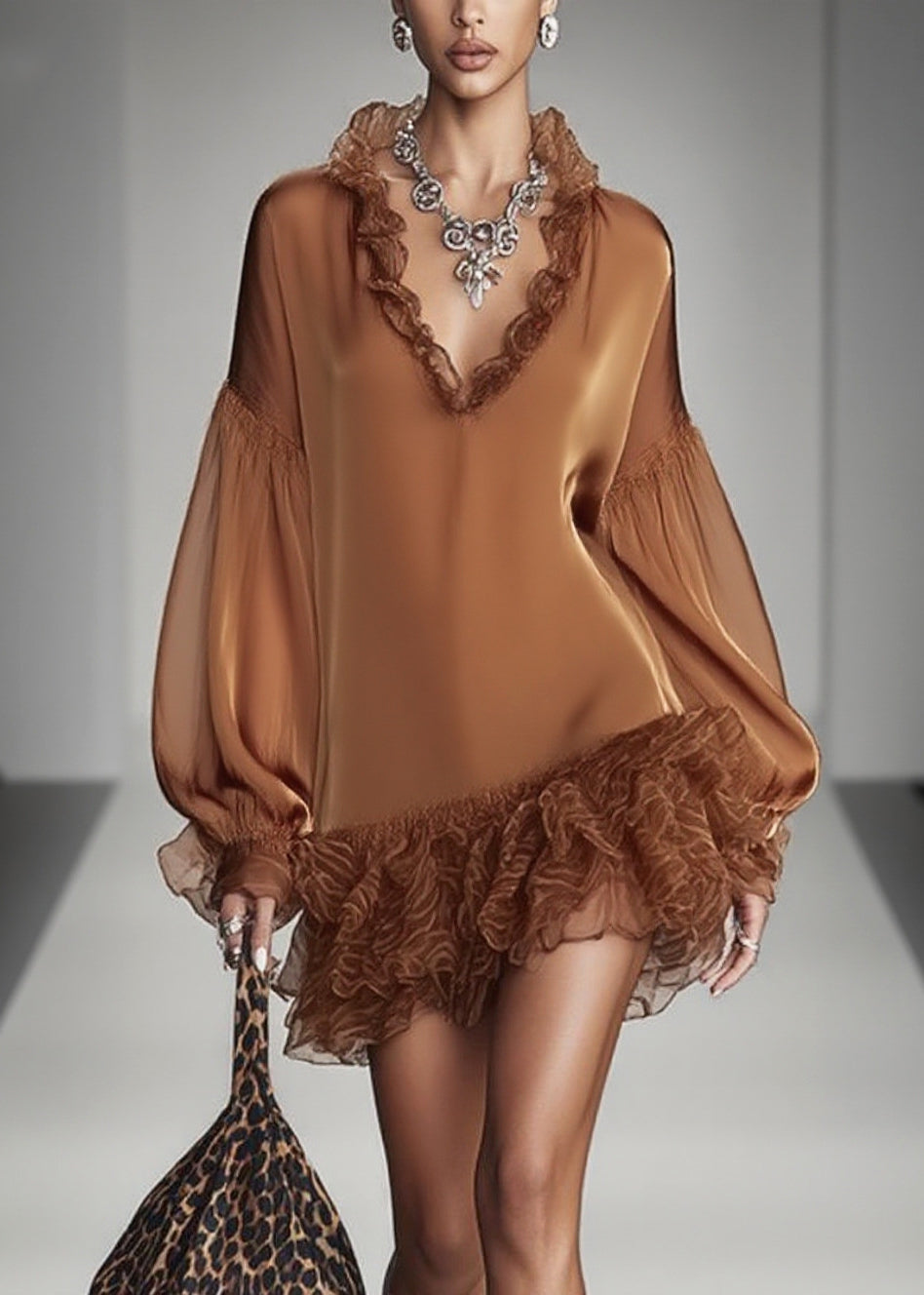 Satin Deep V-Neck Ruffle Collar Balloon Sleeve Tiered Mini Dress - View 5