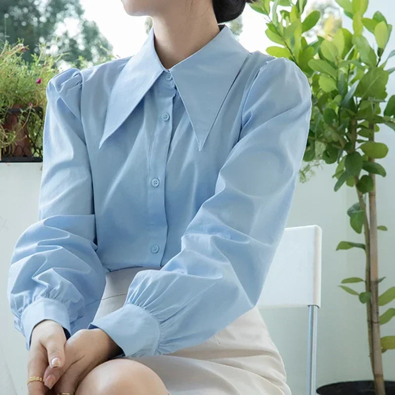 Chic Puff Sleeve Turn Down Collar White Blouse