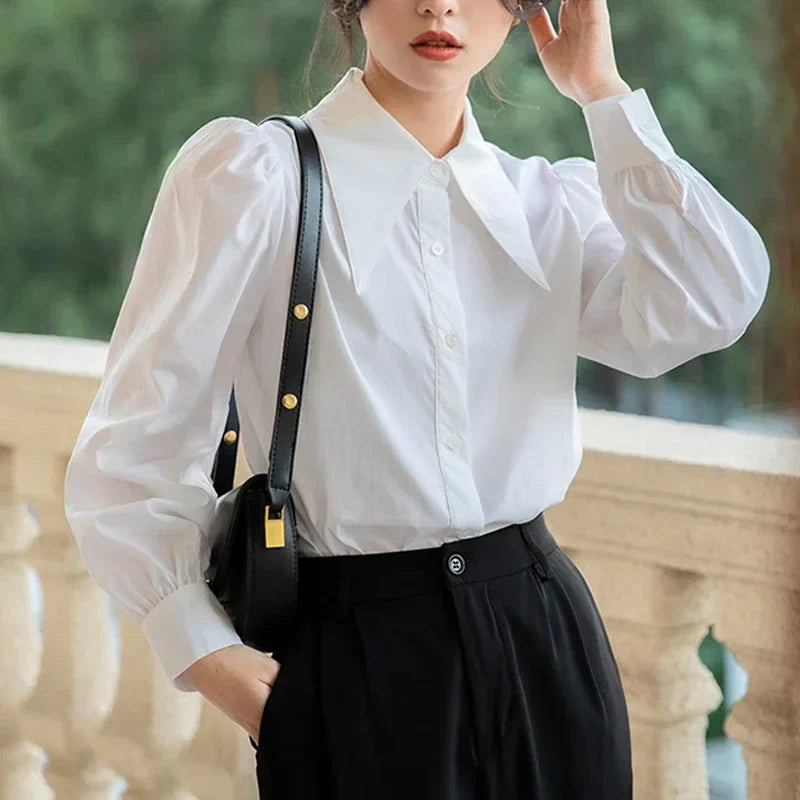 Chic Puff Sleeve Turn Down Collar White Blouse