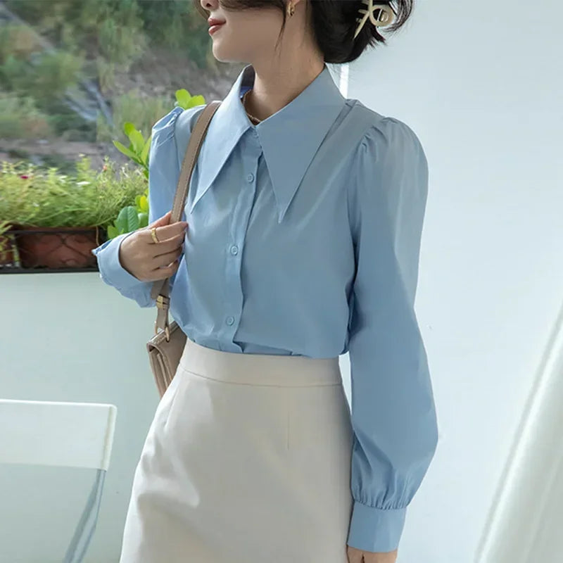Chic Puff Sleeve Turn Down Collar White Blouse