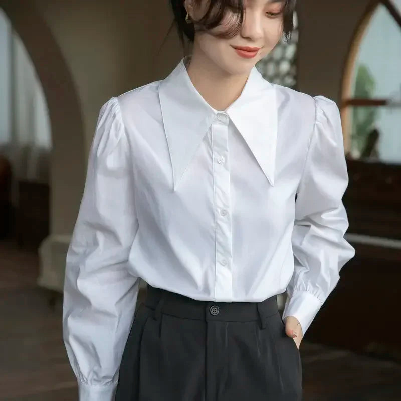 Chic Puff Sleeve Turn Down Collar White Blouse