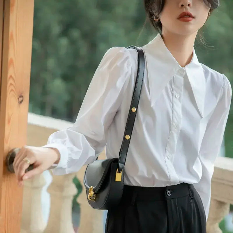 Chic Puff Sleeve Turn Down Collar White Blouse