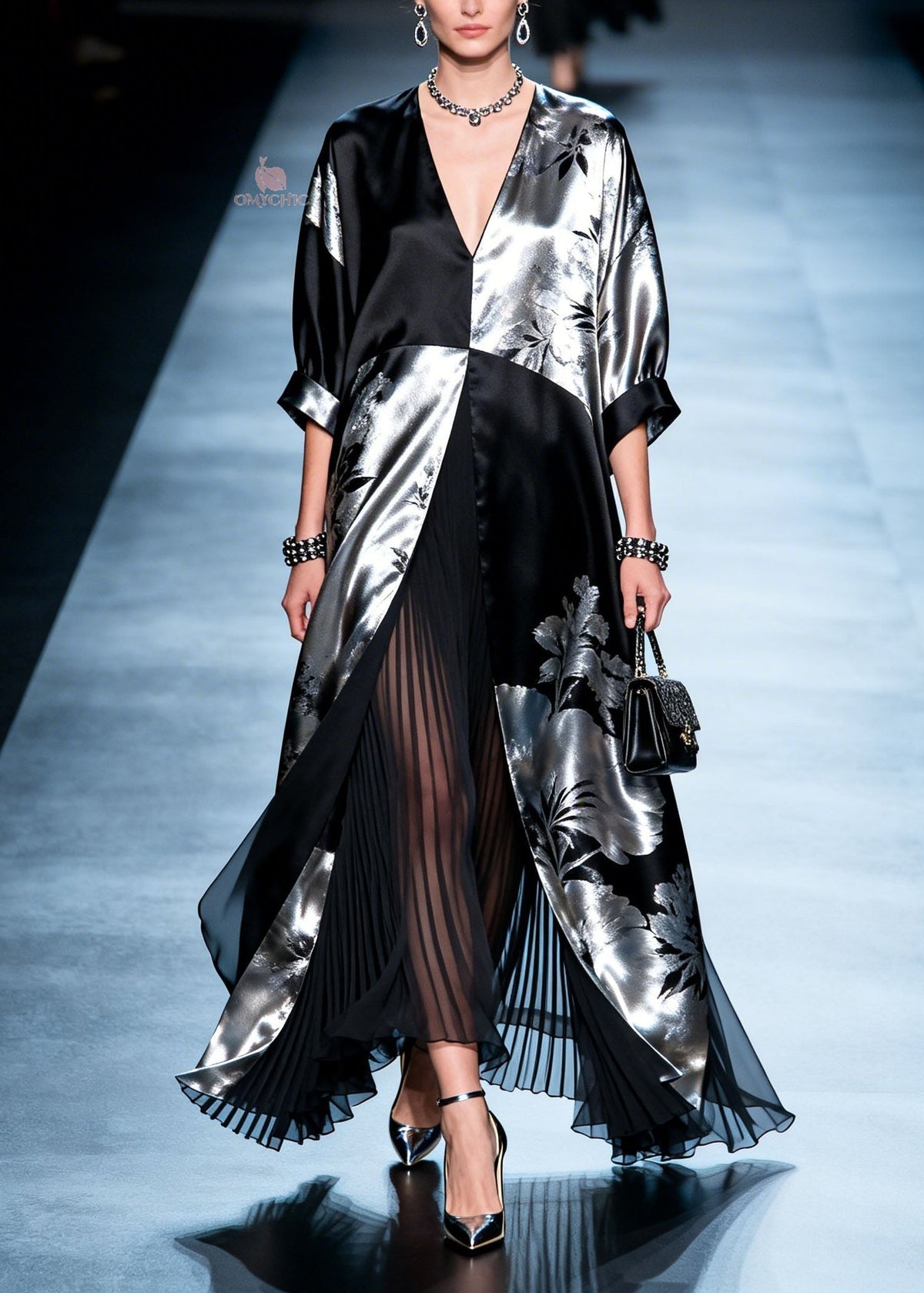 Metallic Floral V-Neck Open Front Wide Cuff Sleeve Maxi Gown