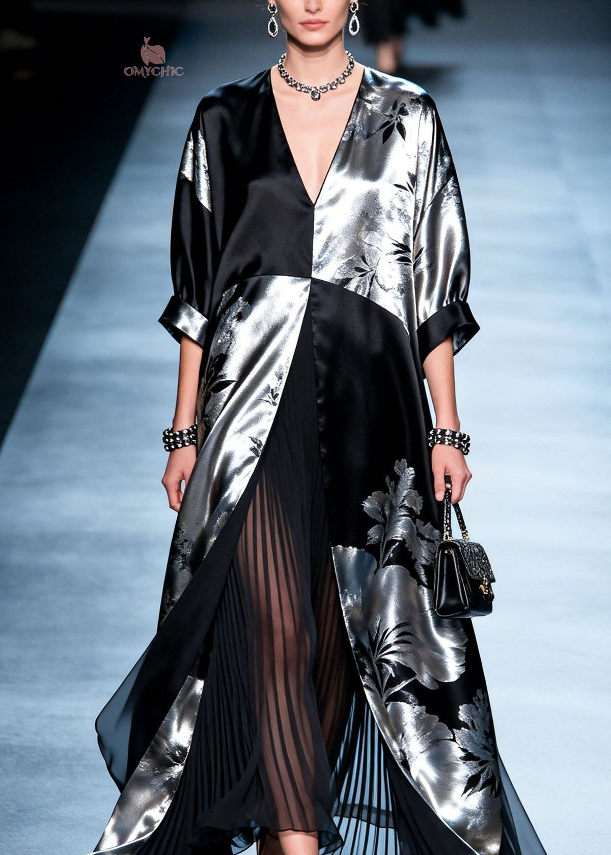 Metallic Floral V-Neck Open Front Wide Cuff Sleeve Maxi Gown - View 2