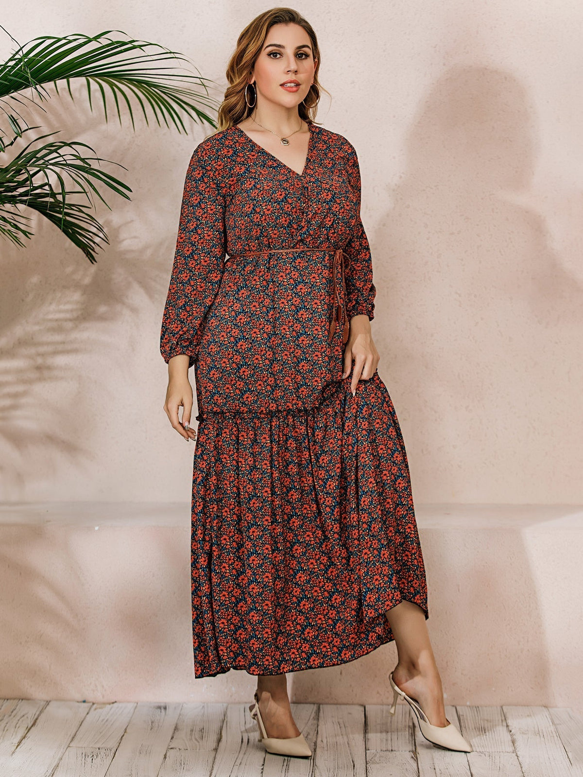Floral Print Long Sleeve V-Neck Tiered Maxi Dress