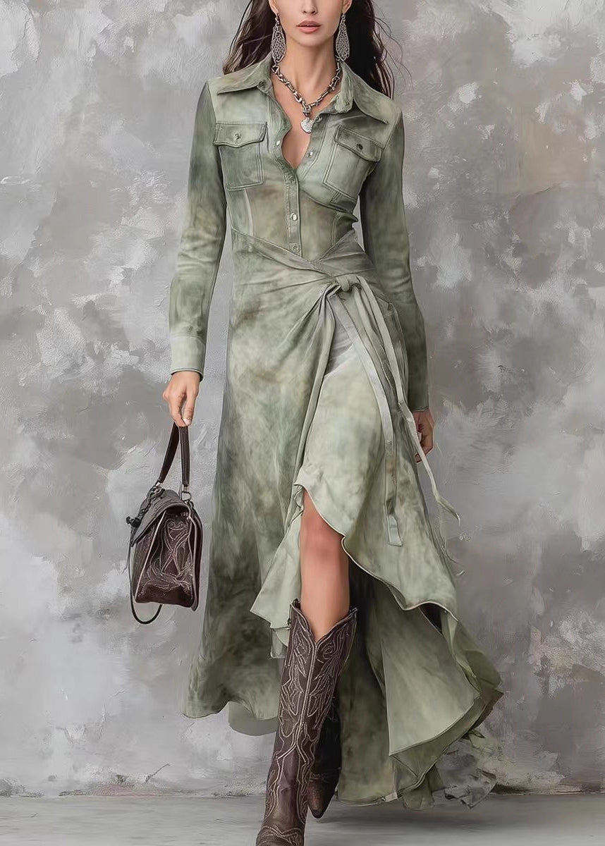 French Green Peter Pan Collar Tie Dye Lace Up Maxi Dresses Spring