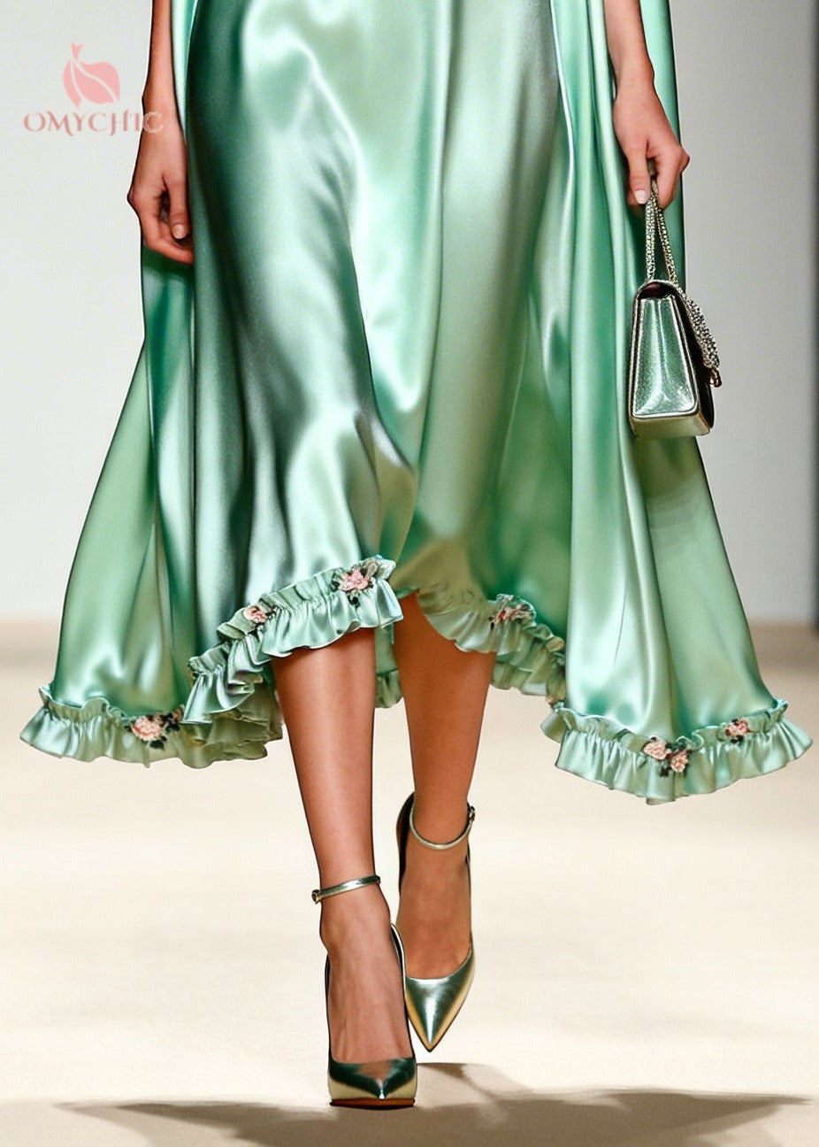 Satin Collared Sleeveless High Low Ruffle Hem Midi Dress - View 4