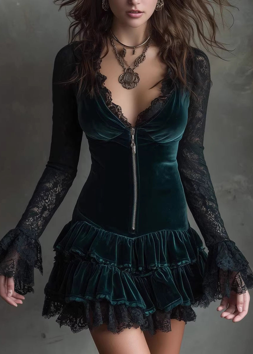 French Green V Neck Lace Patchwork Velvet Mini Dress Fall - View 3