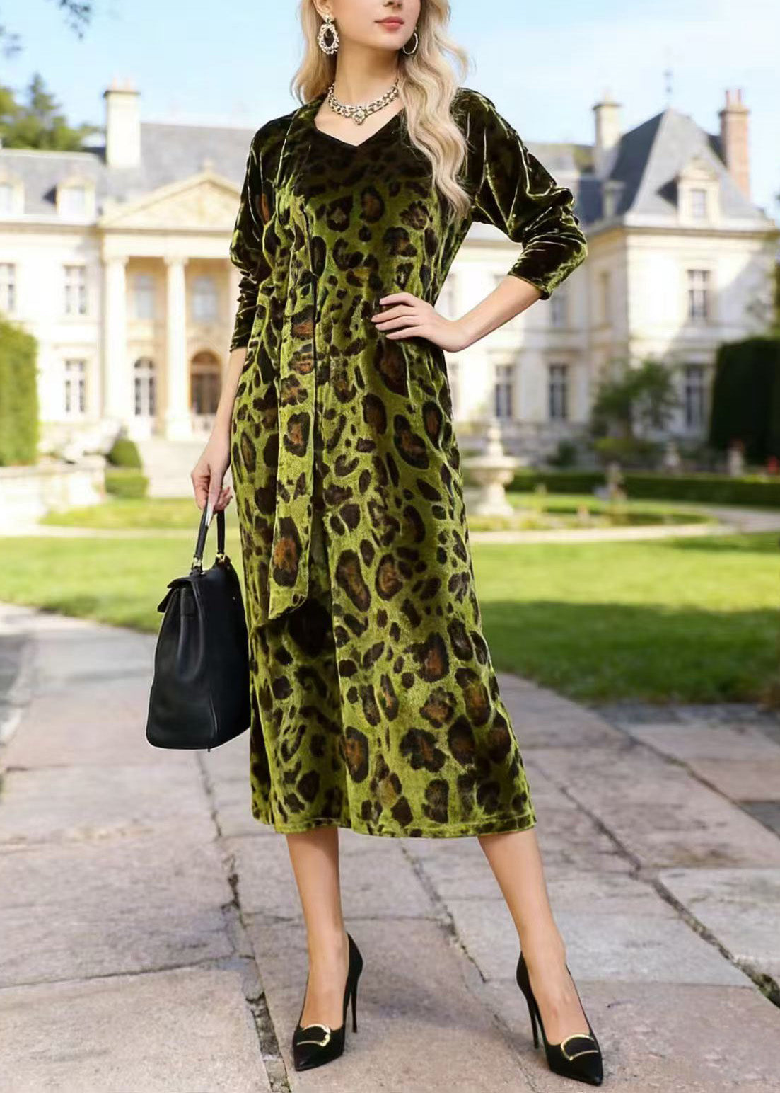 Leopard Print Velvet V-Neck Long Sleeve Tie Waist Side Midi Dress