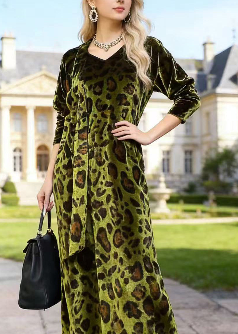 Leopard Print Velvet V-Neck Long Sleeve Tie Waist Side Midi Dress - View 2