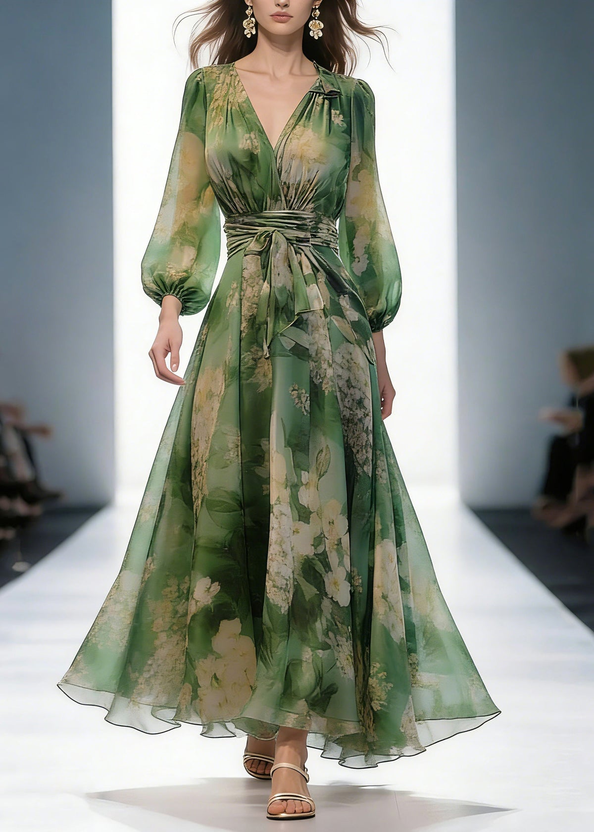 French Green V Neck Print High Waist Chiffon Dresses Long Sleeve - View 3
